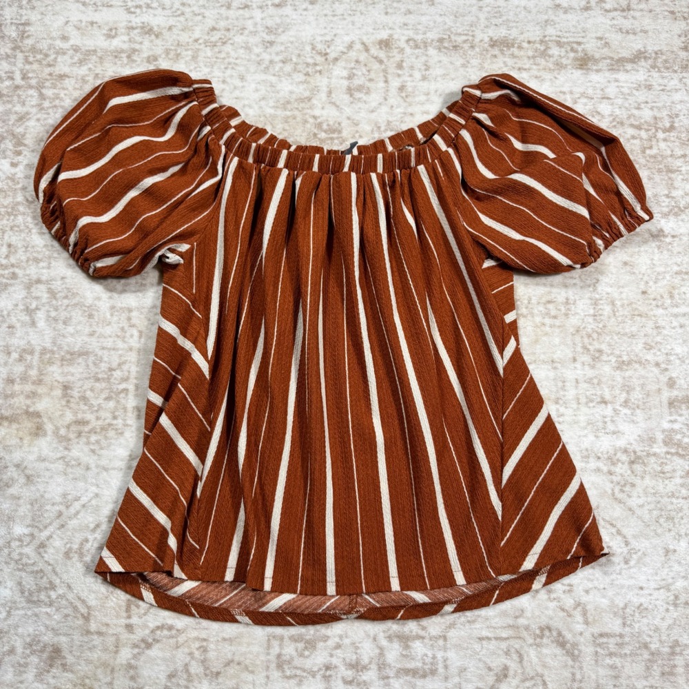 Anthropologie Off Shoulder Blouse Womens XS Rust Orange Striped Excellent Puff